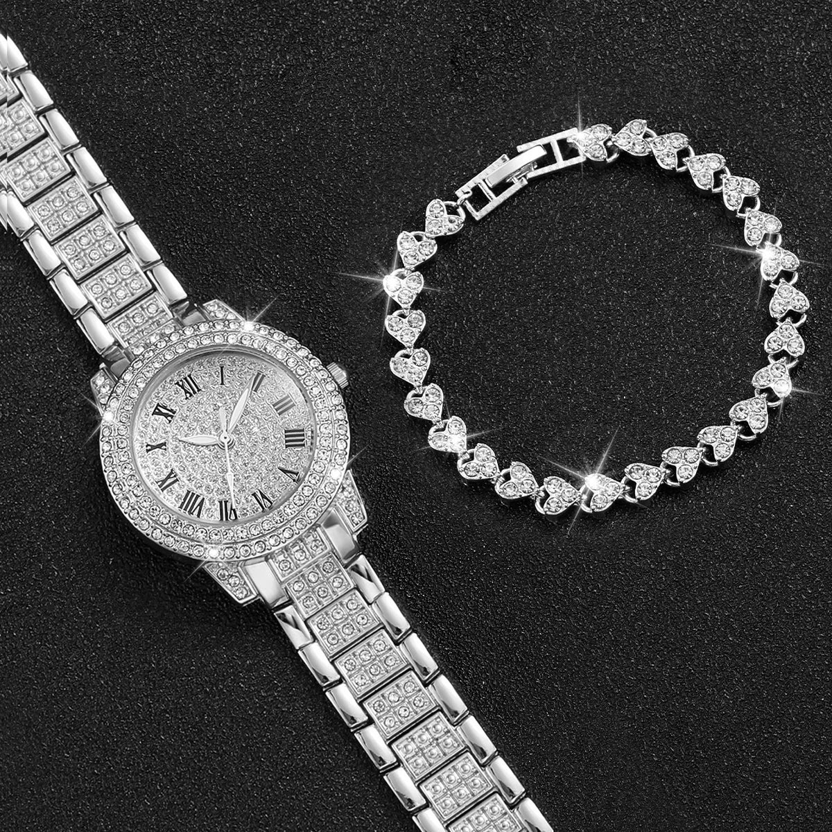 2PCS/Set Women's Watch Luxury Rhinestone Stainless Steel Quartz Watch Heart Bracelet Set(Without Box)
