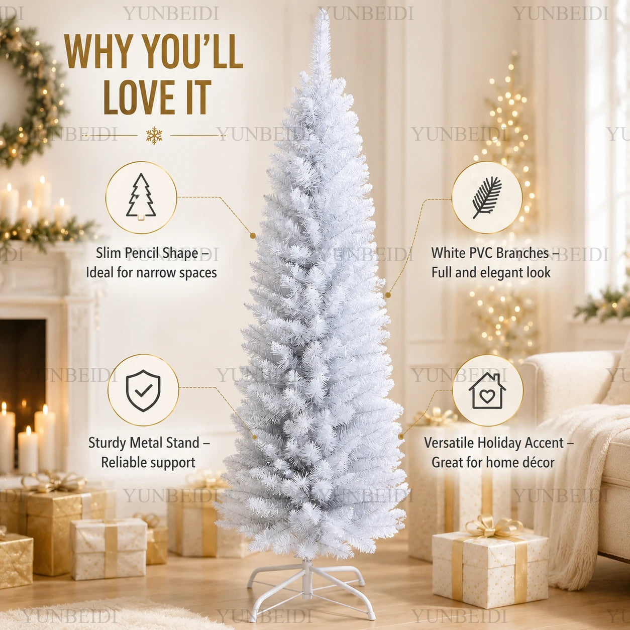 Artificial Christmas Tree PVC Material White Pencil-shaped Christmas Tree 120cm To 210cm Home Parties Christmas Decorations.