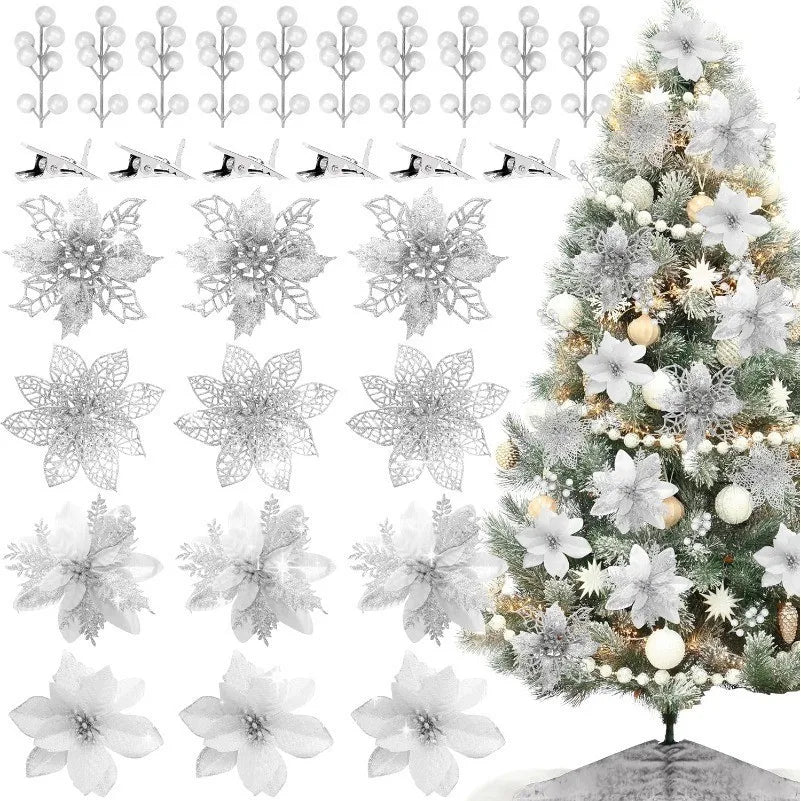 5Pcs Christmas Flowers Glitter Flowers Artificial Berry Christmas Tree Decorations Ornaments Xmas Party Wreath Floral Home Decor