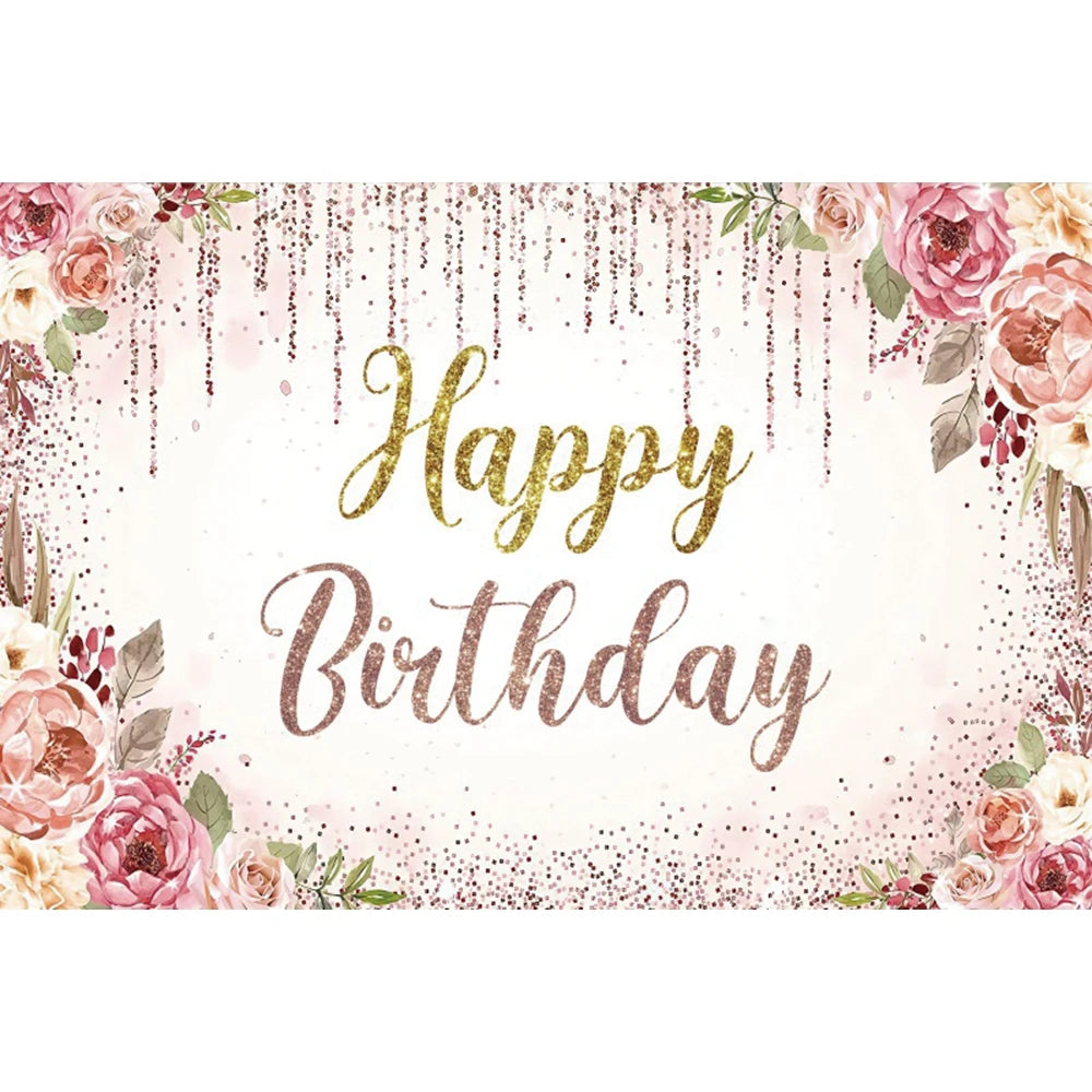 Happy Birthday Backdrop Gold Frame Frame Flower Butterfly Baby Shower Adult Anniversary Birthday Party Photography Background