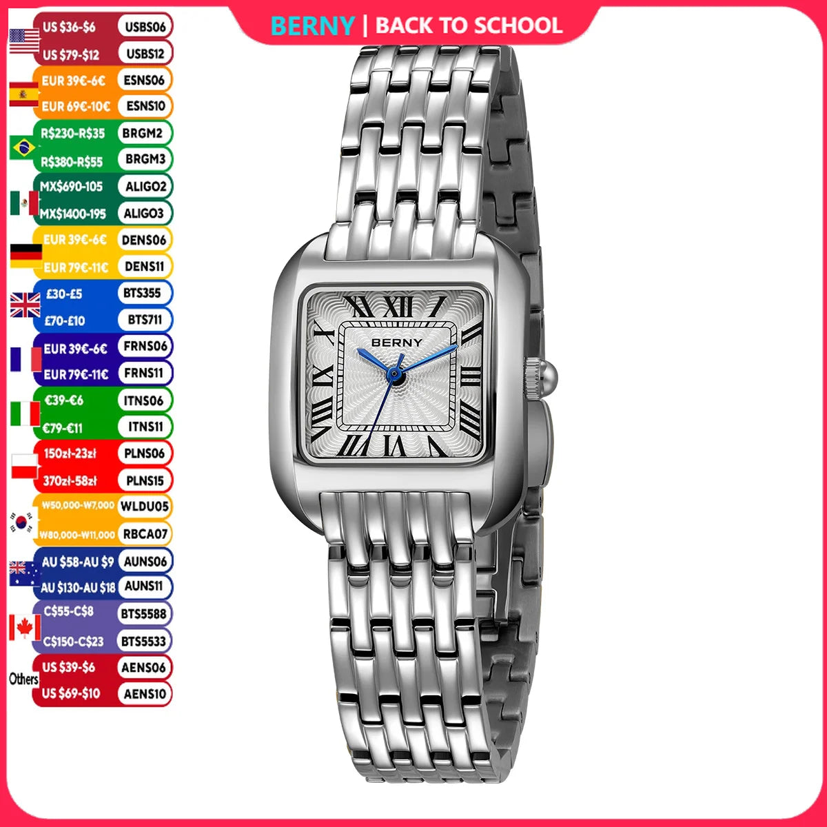 BERNY Luxury Brand Woman Watch New In High Quality S/S Square Ladies Quartz Watches Fashion Elegant Business Wristwatch