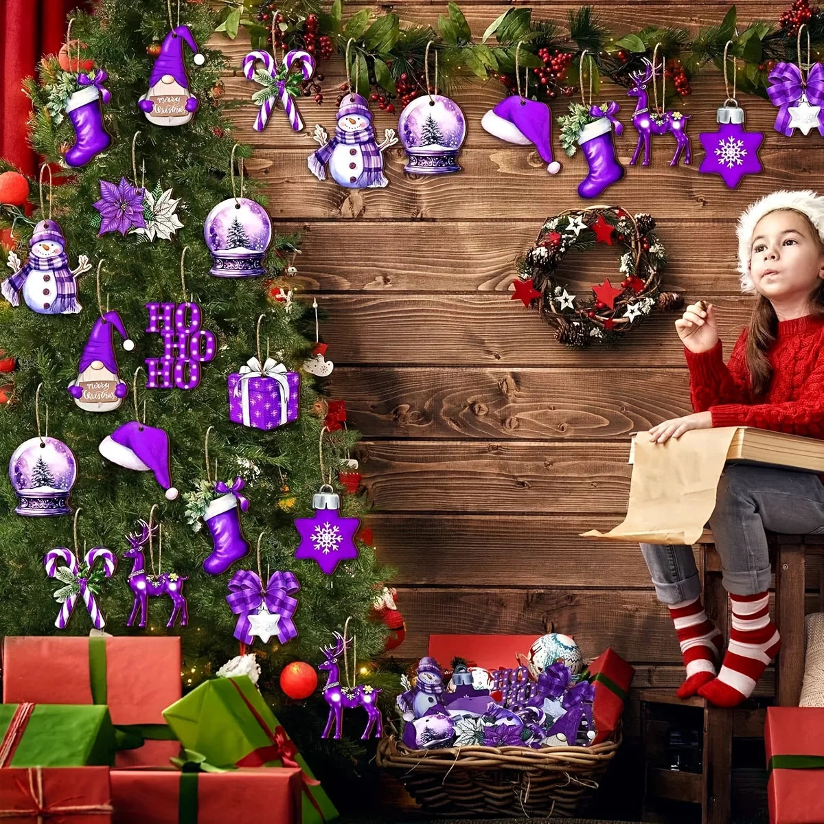 12-Piece Wooden Christmas Ornament Set - Glossy Deep Purple and Light Purple Hanging Decorations