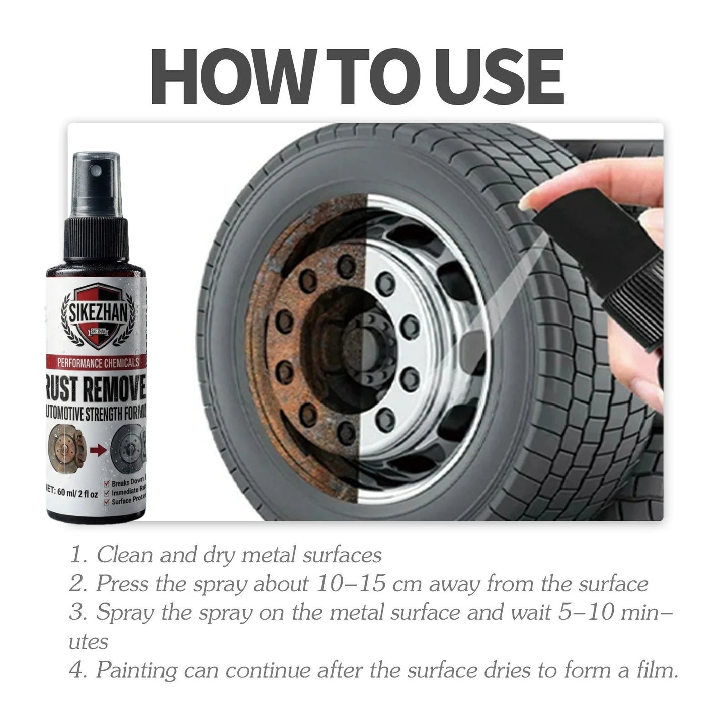 Powerful Car Rust Remover Spray Iron Dust Cleaning for Wheels & Metal Parts Auto Detail Rust Converter Kit with Sponge & Towel 6