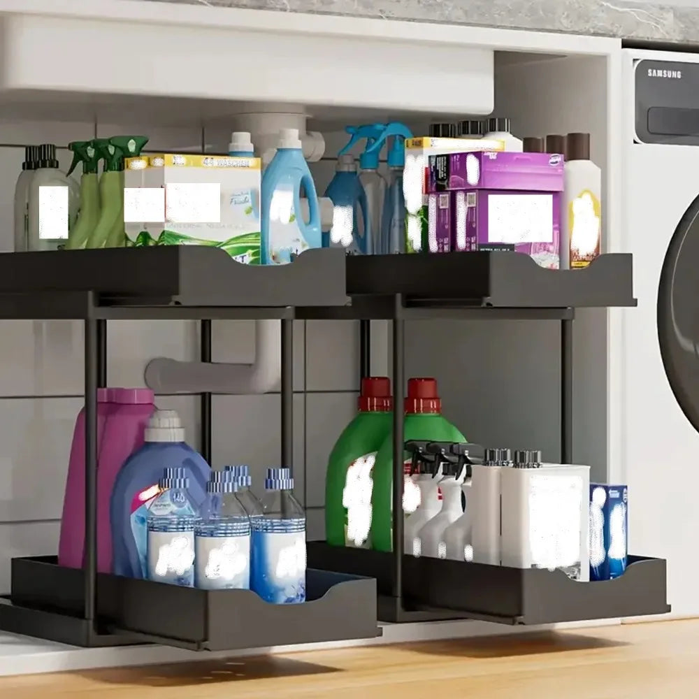 New 2 Tier Under Sink Pull Out Sliding Multi Function Space Saving Organizer Rack for Kitchen Bathroom