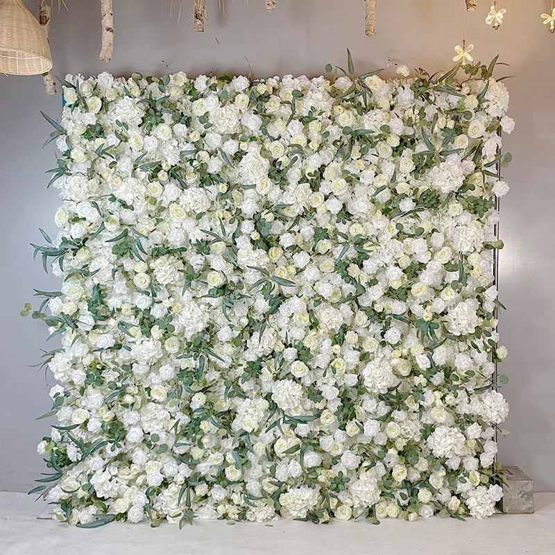 5D White Rose Cloth Flower Wall Artificail Fabric Roll Up Hydrangea Floral Wall Wedding Backdrop Decor Hang Curtain Photo Props