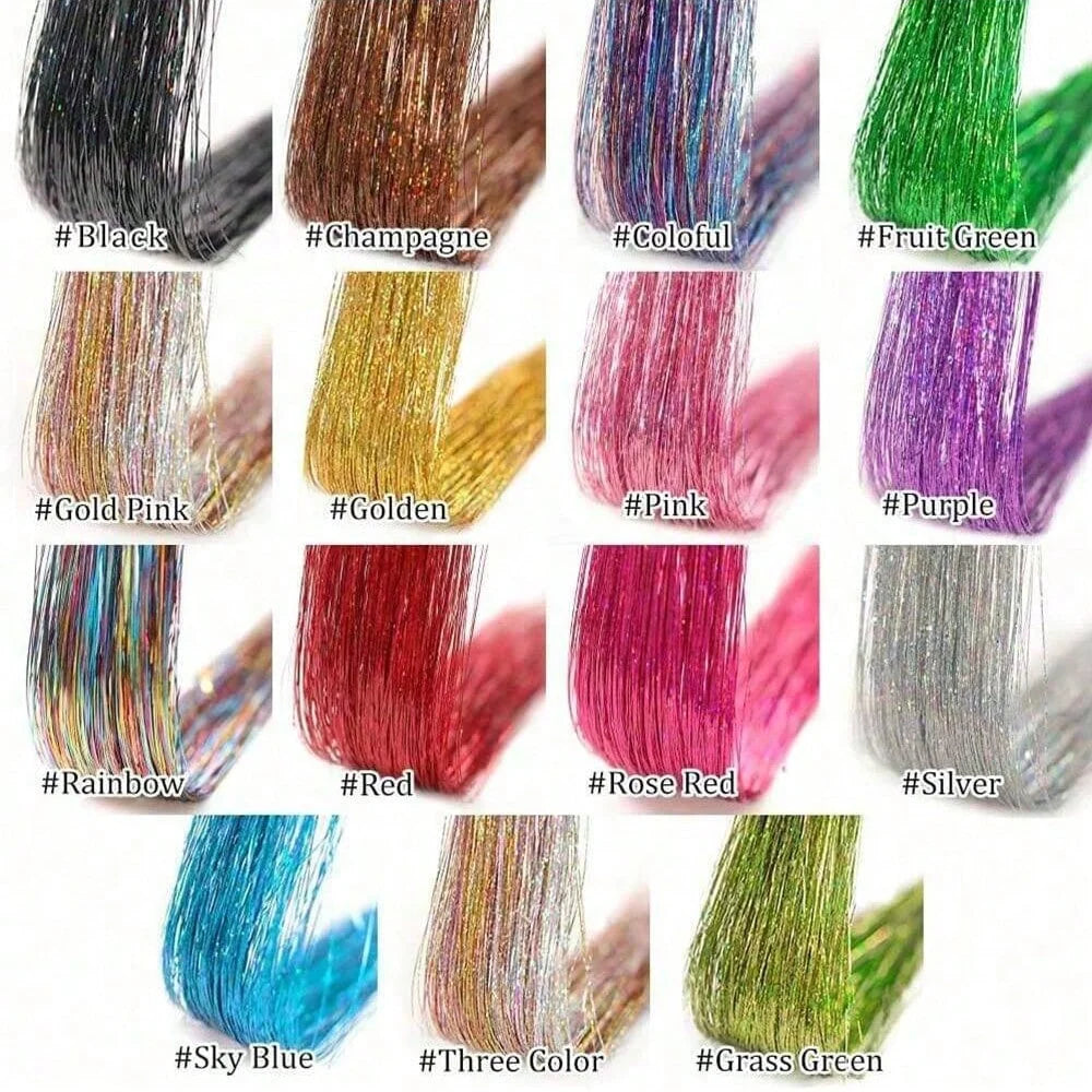 12Pcs Hair Tinsel Clip In 19.7" Glitter Tinsel Hair Extensions Synthetic Clip In Sparkle Hair Accessories For Kids Girls Women