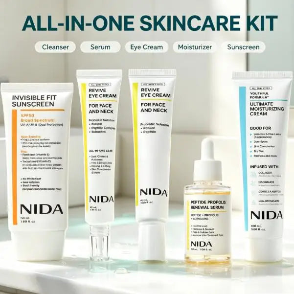 NIDA Complete Facial Skincare Kit Propolis Peptide Anti-Aging Repair Soothe Dry Sensitive Skin Daily Full Face Care Set