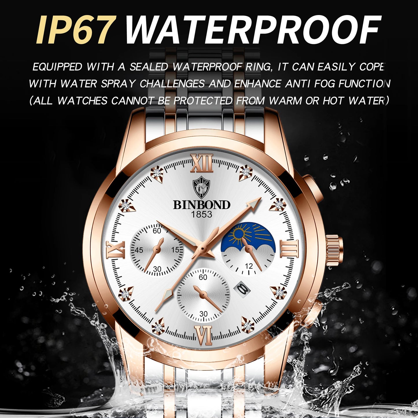 BINBOND Authentic Brand Precise Quartz Watches For Men Luxury Luminous Waterproof Sturdy Men's Watch Stainless Steel Reloj