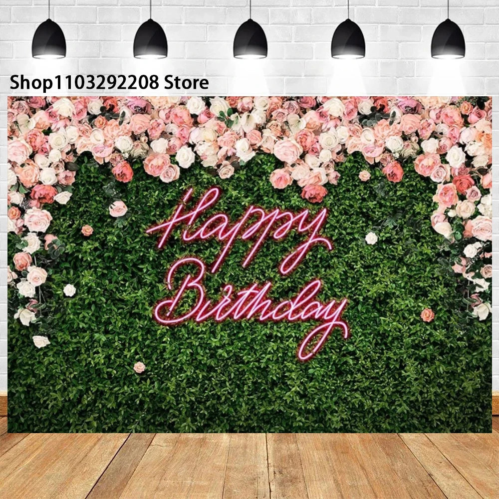 Neon Floral Pink Heart Theme Grass Happy Birthday Cake Neon Glow in The Dark Party Photography  Girl Background Wall Supplies