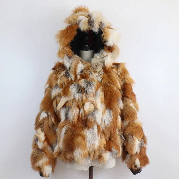 New Winter Women Real Fox Fur Hooded Coat Thick Keep Warm 100% Natural Real Fox Fur Jacket Lady Fashion Geunine Fox Fur Overcoat