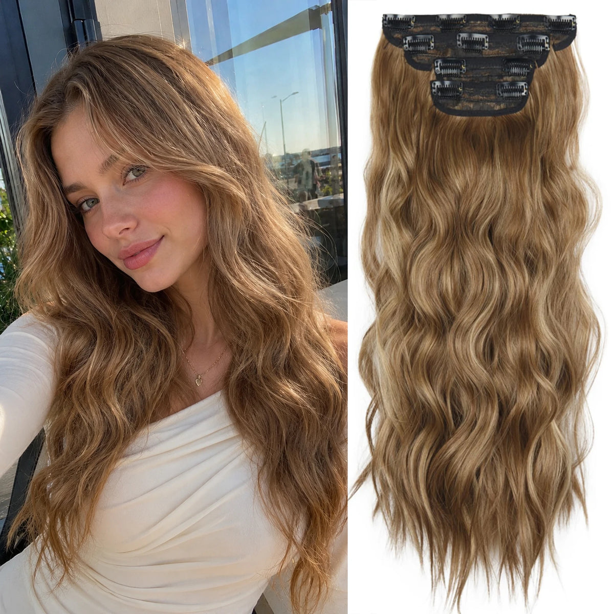 4Pcs/Set 20Inch Synthetic Hair Clip In Long Wavy Thick Hairpieces For Women Full Head Synthetic Hair Extensions Ombre Hairpieces