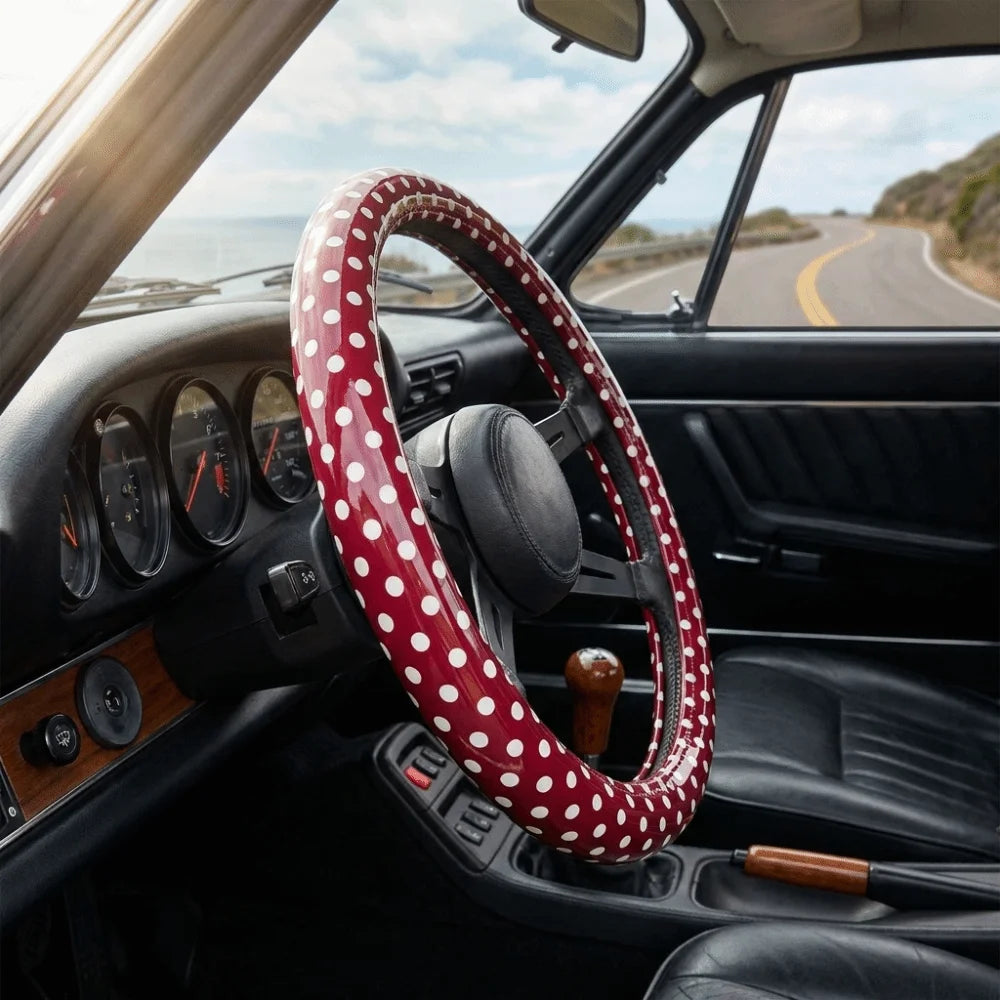 Polka Dot Pattern Steering Wheel Cover Leather Material Comfortable Hand Feel Car Protective Sleeve Easy To Install Stylish Look