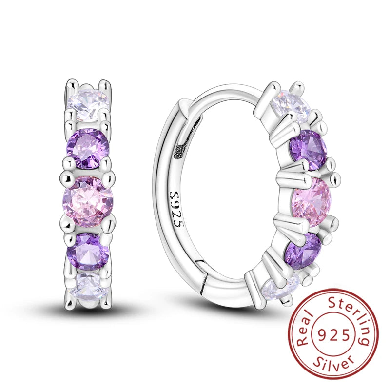 New Original 925 Sterling Silver Hoop Earrings Purple Zircon Flowers Butterflies Studs Earring For Women Wedding Engagement Gift