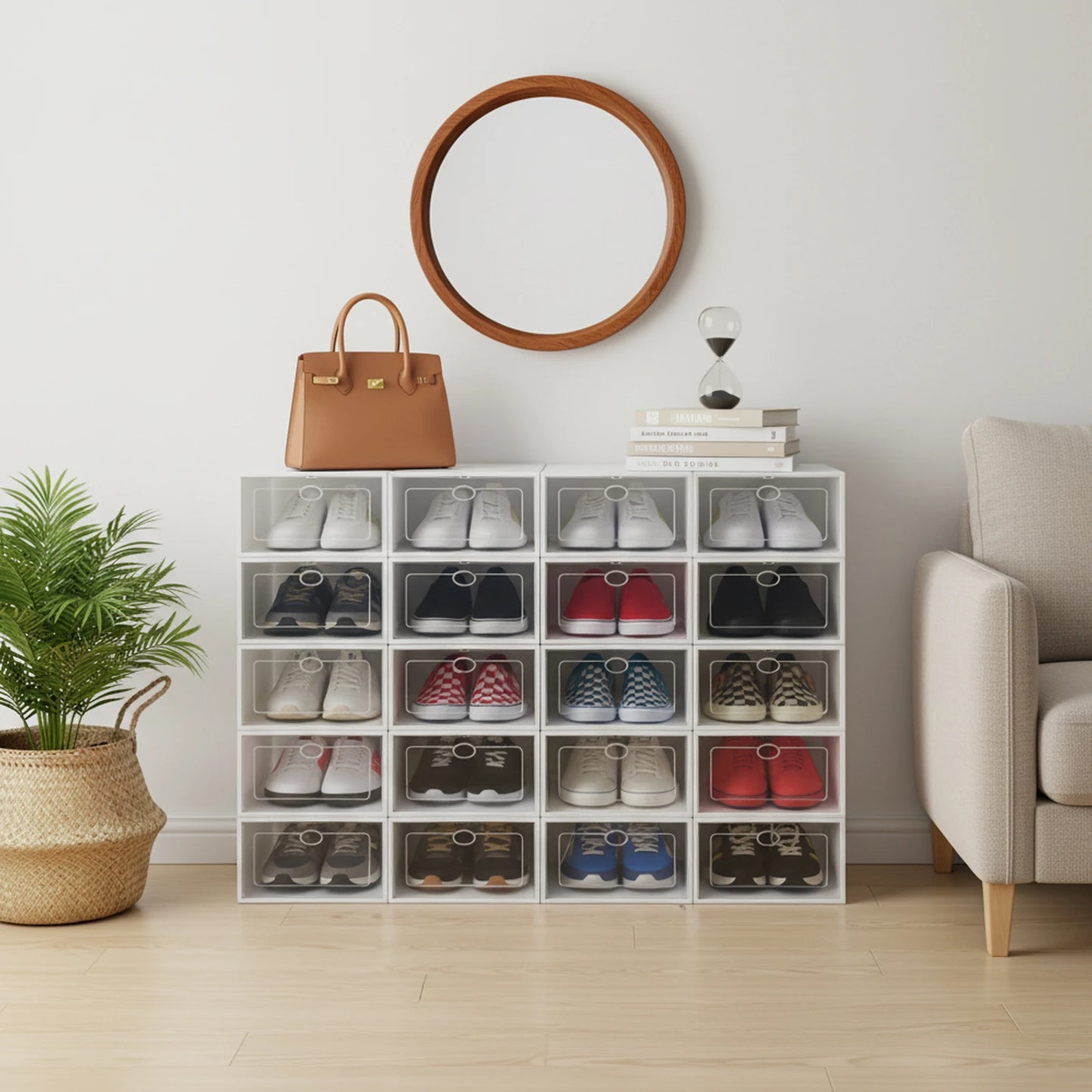 20Pcs Stackable Shoe Storage Box, Foldable Plastic Shoe Organizer with Transparent Door, Dustproof Container for Closet
