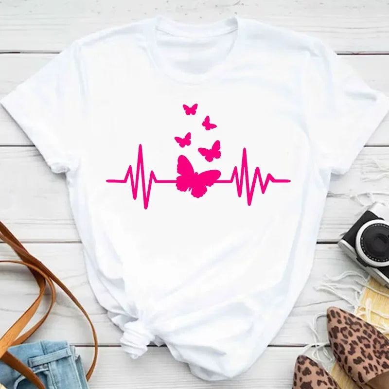 New Fashion Women T-shirt Colorful Butterfly Petal Print Short Sleeve and Round Neck Cute Graphic Tee Shirts Female Tops Clothin
