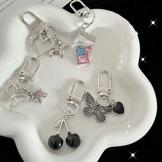 Y2K Silver Color Metal Butterfly Keychain Sweet Cherry Keyring Girls Fashion Bag Pendant Backpack Hanging Decoration Gift A15
