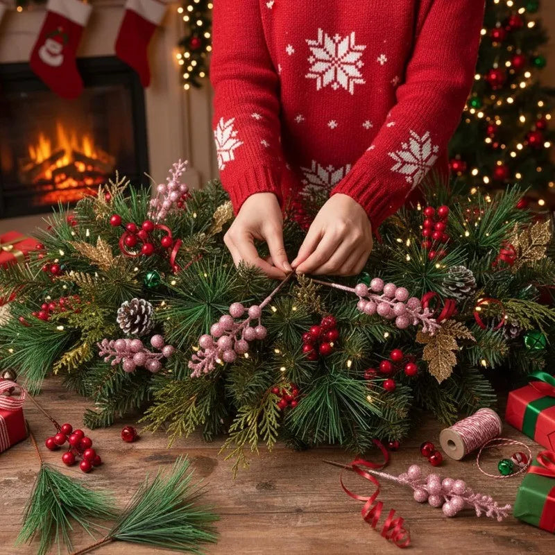 10Pcs Artificial Berry Picks Pine Branches Christmas Tree Decoration for Home New Year 2026 Decor Xmas Crafts Wreath Ornament