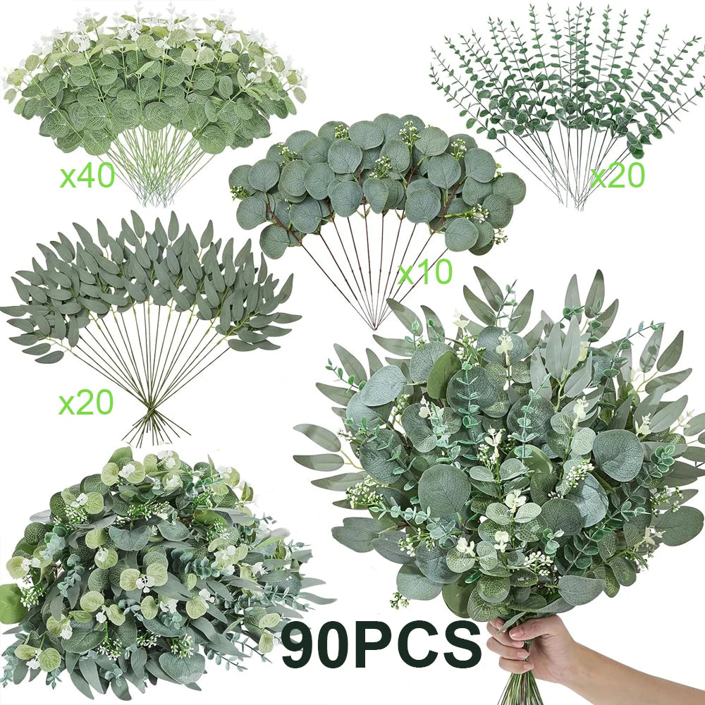 50/90PCS Artificial Flowers Bouquets Mixed Eucalyptus Leaves Willow Silver Eucalyptus Cuttings for Wedding Floral DIY Home Decor