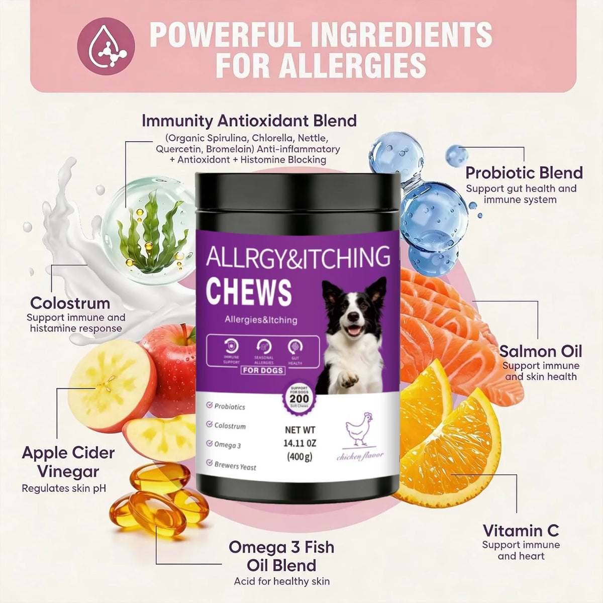 200ct Dog Allergy Chews Supplements Relief Itchy Chew Probiotics Vitamins for Skin Coat Anti Itch Immune for Dogs Paws Treatment