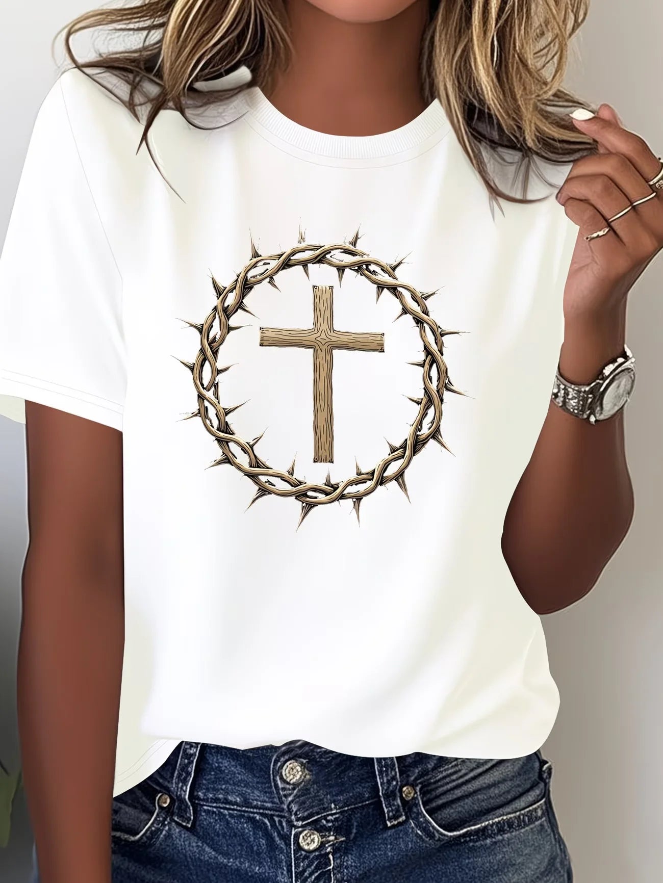 Crew Neck Short Sleeve Jesus Cross Print T Shirt Women's Outfits Casual Streetwear Retro T shirts For Lady