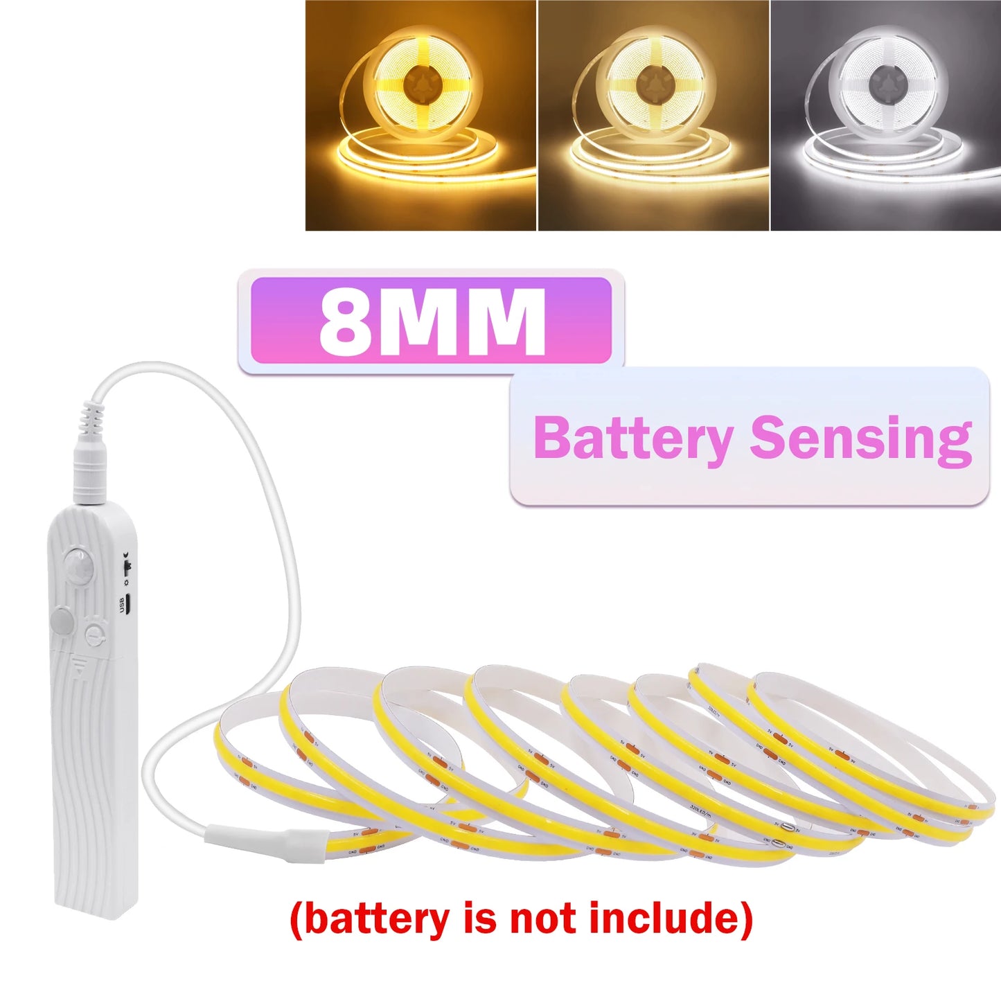 3MM 5MM 8MM COB LED Strip 5V 320LEDs/m PIR Motion Sensor Flexible Tape USB/Battery Powered Under Cabinet Kitchen Lighting Strip