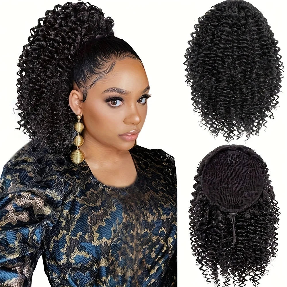 Synthetic Short Ponytail 14 Inch Afro Puff Kinky Curly Drawstring Ponytail Clip In Hair Extensions Natural Hairpiece For Women