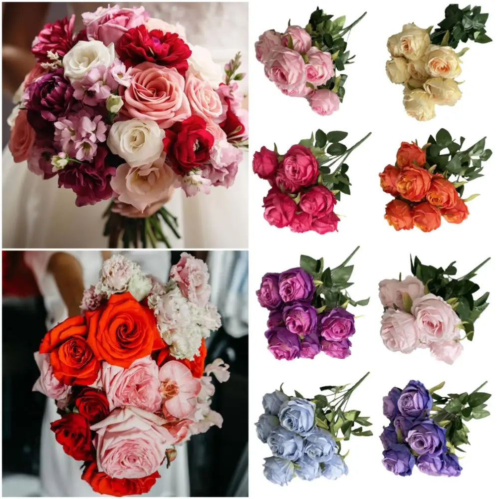 Multicolor Rose Artificial Flower 9 Heads Green Leaves Lifelike Flowers Desktop Ornament Photo Props Flower Bouquet Gift