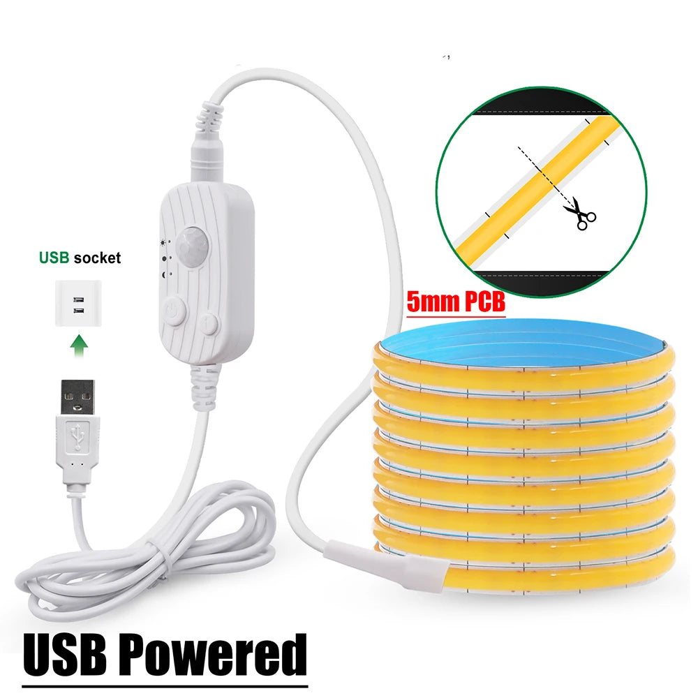 5V Motion Sensor Nigth Light COB Led Strip USB Battery Power 3mm 5mm 8mm PCB 320 LEDs Flex Lamp for Under Cabinet Kitchen Stairs