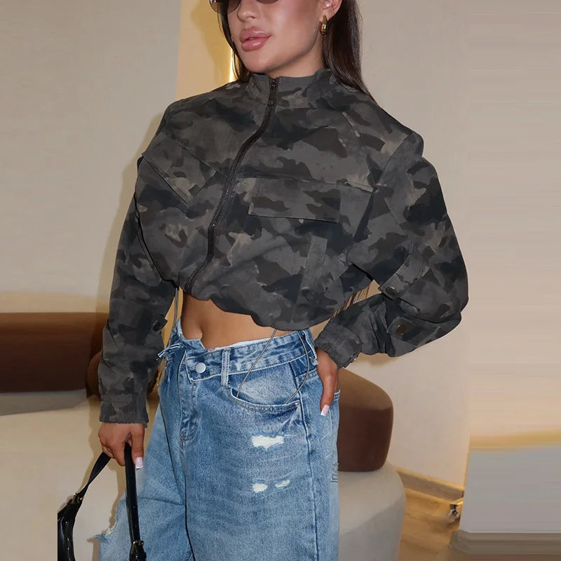 Y2K Camouflage Cropped Jacket Women Stand Collar Long Sleeve Zip Pockets Drawstring Coat 2026 Autumn New Lady Fashion Streetwear