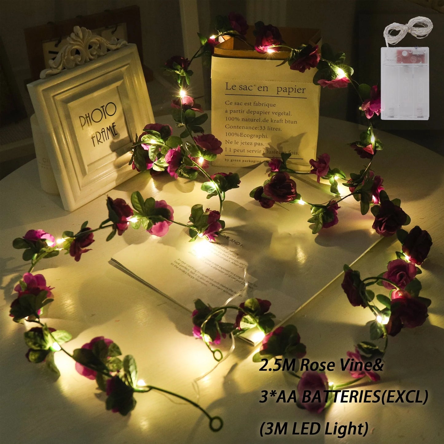 Rose LED Lights String Artificial Flowers Ivy Leaves Wedding Garland Home Room Decoration Arch Hanging Wall Garden Party Decor