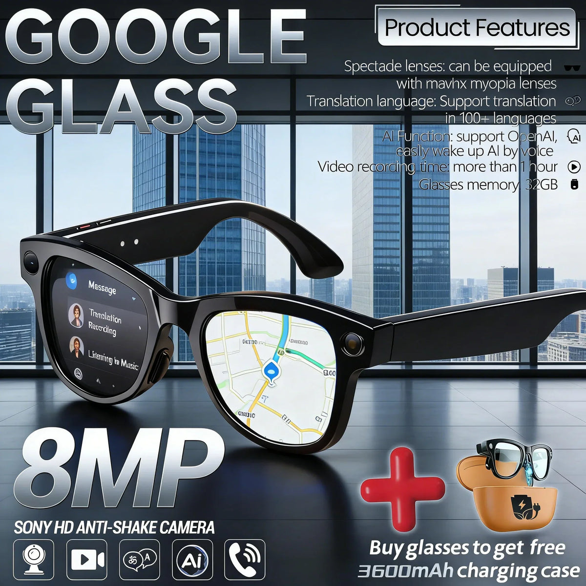 2026 New 3600mAh Large Capacity Smart Glasses 800W Pixel Anti-shake Camera 120+Language Translation Video Recording Call Glasses