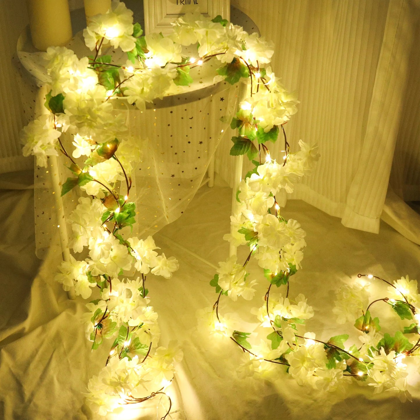 Cherry Blossom LED Light Artificial Flowers Vines For Wedding Party Home Decoration Hanging Wall Garden Arch Christmas Ornament