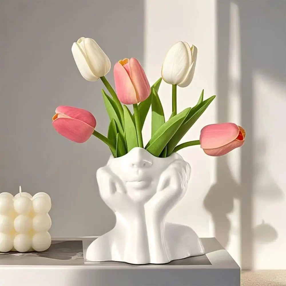 Face Shape Makeup Brush Holder Modern Nordic Flower Vases Makeup Storage Box Half Face Portrait Decor For Home Office Book Shelf