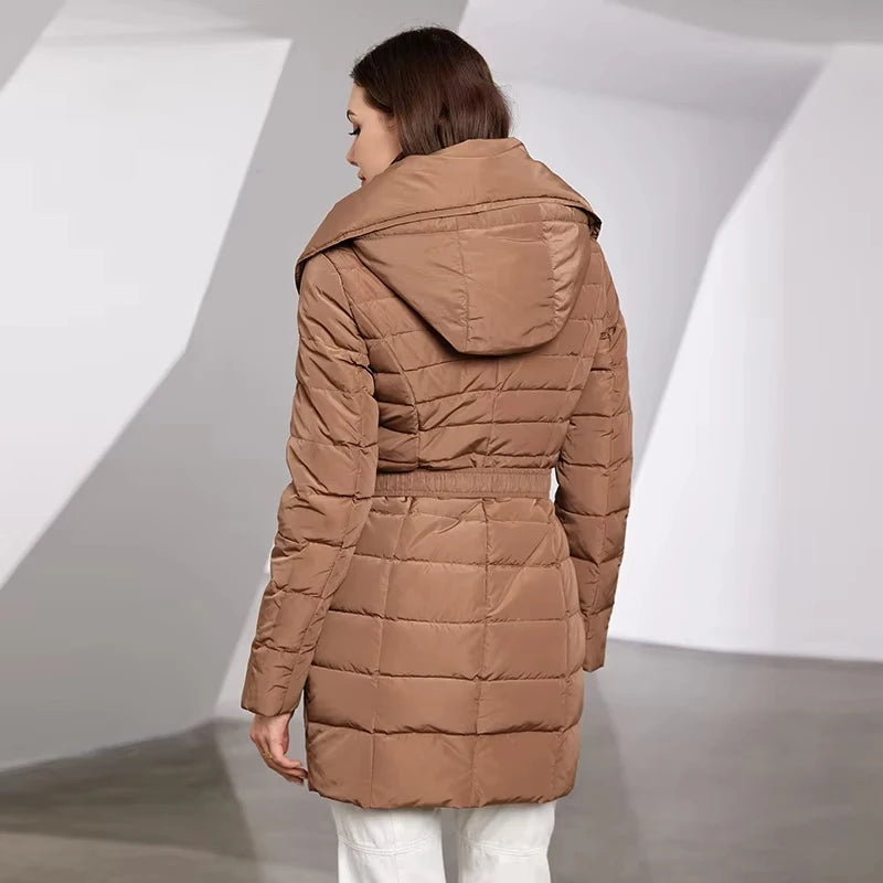 Astrid 2023 New Women's Winter Jacket Hooded Belt Long Parkas Warm Padding Puffer Plaid Quilted Coat Down Jacket Thick Snow Wear