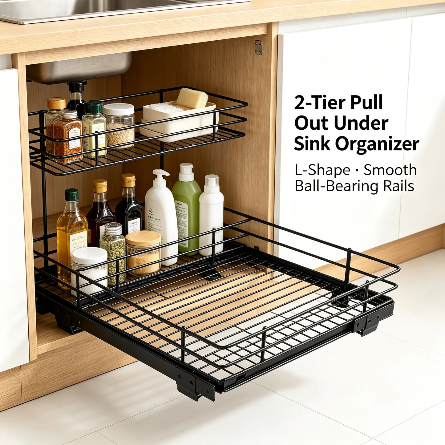 Under Sink Organizer 2-Tier Pull Out Cabinet Storage Rack, L-Shaped Slide Out Basket with Ball-Bearing Rails for Kitchen Bathroom, 22 lbs Capacity, Black