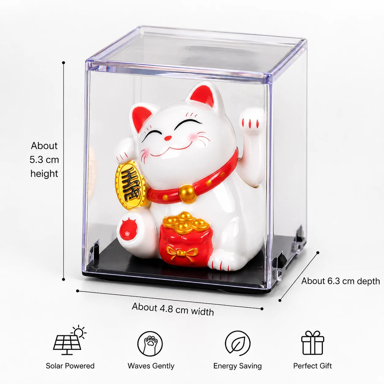 White Solar Maneki Neko | Waving Lucky Cat Figurine | Miniature Home Decor | Solar-Powered, Energy-Saving | Perfect Gift