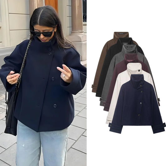 Women's Autumn Winter Stand Collar Woolen Jackets Spring Female Single Breasted Loose Long Sleeve Coats Lady Elegant Short Outwe