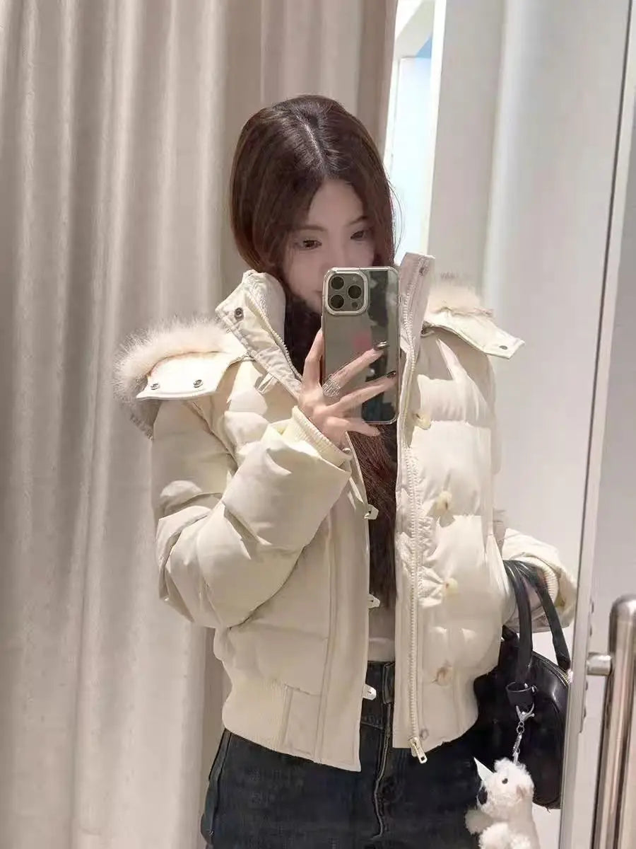 American Retro Fur Collar Warm Solid Color Women Hooded Cotton Coat Ins Winter Loose Casual Slim Cotton Coat Jackets