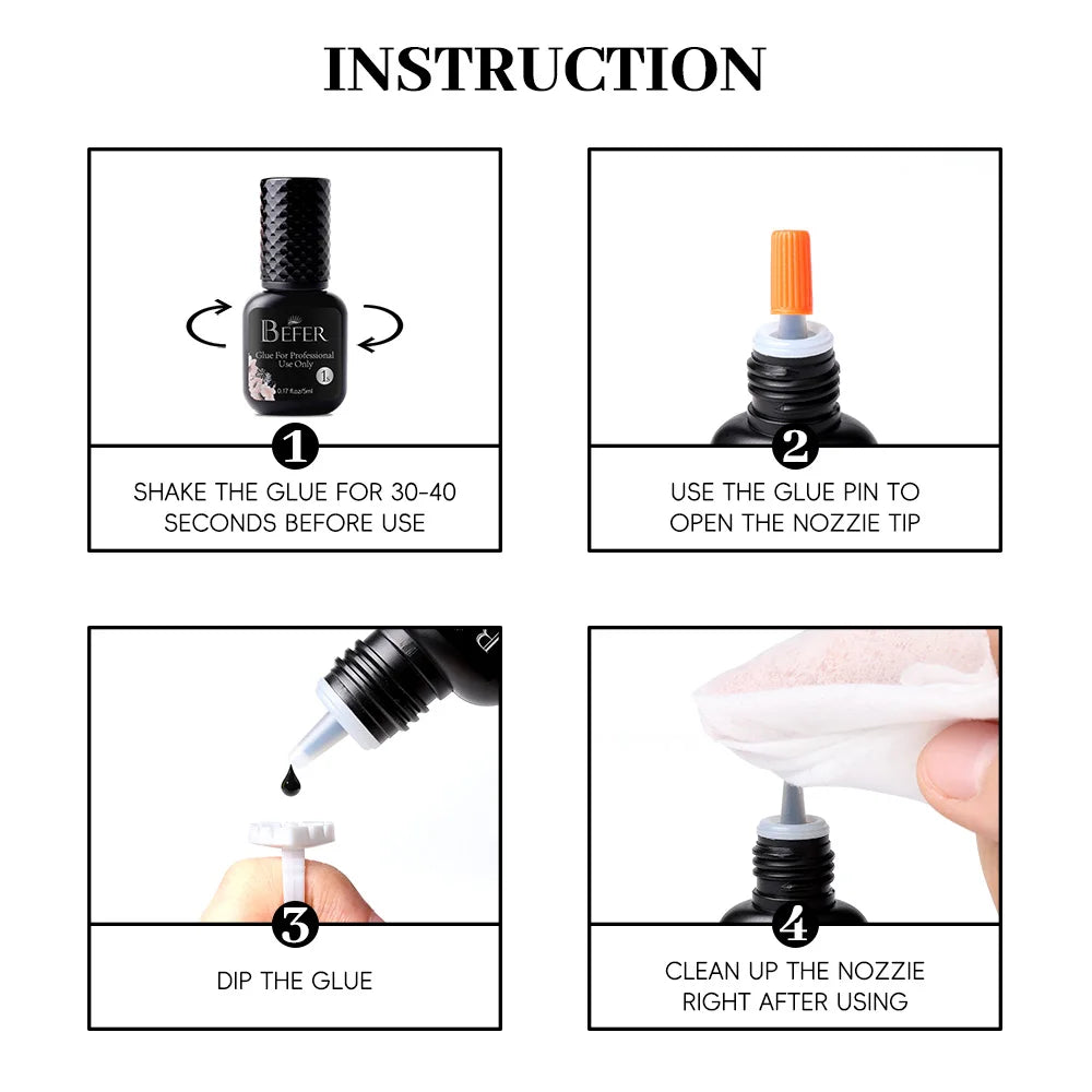 Professional Eyelash Extensions Glue 0.5-1 Sec Fast Drying Black/Clear Color 5ml Lash Glue Low Odor No Irritant Befer Beauty