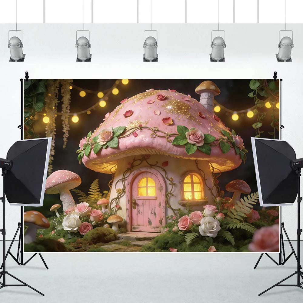 Pink Mushroom House Backdrop Enchanted Fairy Forest Floral Photography Background for Girls Birthday Baby Shower Party Decor