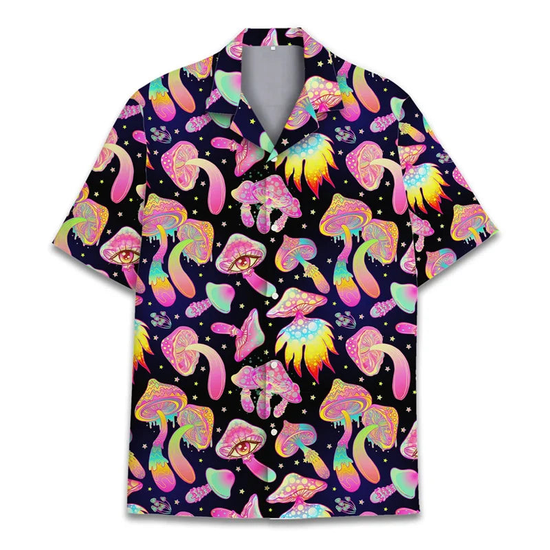 Colorful Mushroom 3d Print Hawaiian Shirt Men Summer Vacation Shirts Button Lapel Short Sleeve Street Beach Aloha Shirt Clothing