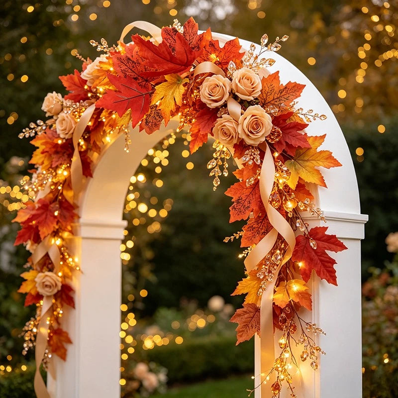 Artificial Maple Leaf Plant Bouquet Simulated Autumn Maple Leaf Garland Fake Fallen Leaves Rattan for Thanksgiving Wedding Decor