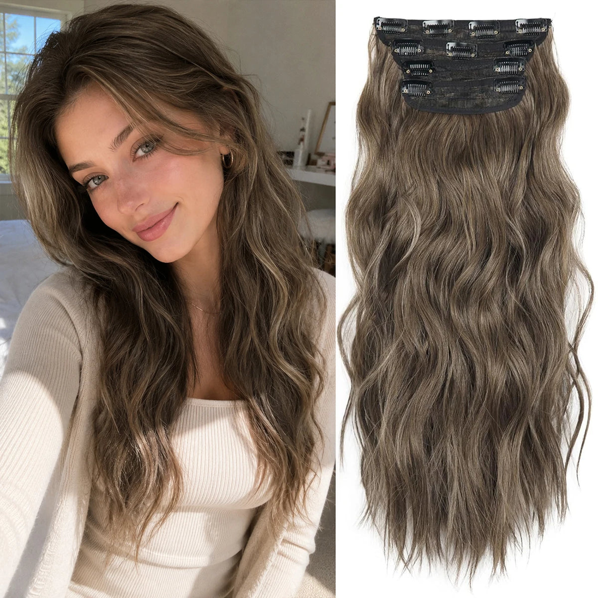 4Pcs/Set 20Inch Synthetic Hair Clip In Long Wavy Thick Hairpieces For Women Full Head Synthetic Hair Extensions Ombre Hairpieces