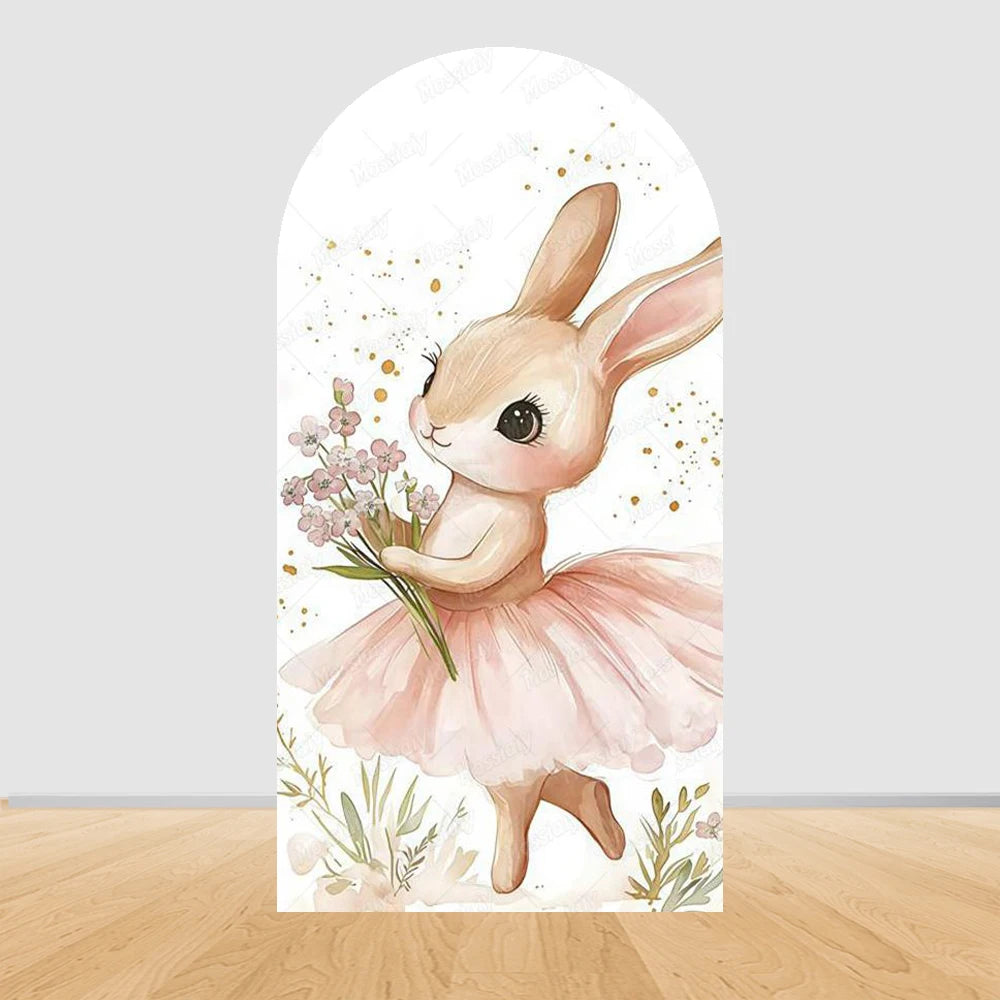 Cute Pink Bow Ballerina Bunny Rabbit Arch Backdrop Cover Flowers Pink Ballet Girl 1st Birthday Party Decor Arch Wall Background