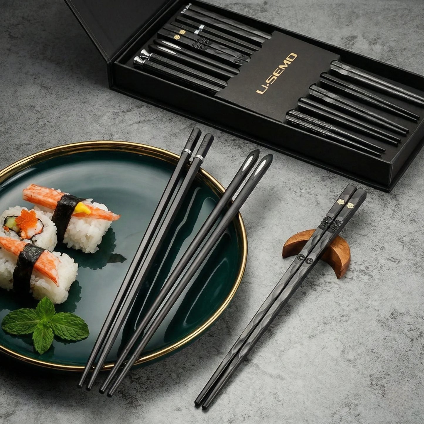 9.57in Japanese-Style Black Alloy Chopsticks Set - Reusable Tableware in Gift Box