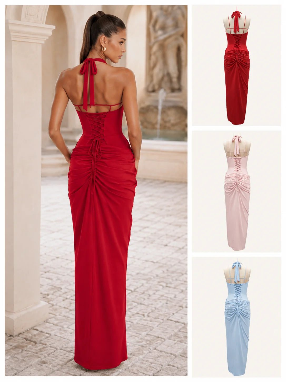 Women Elegant Halter Neck Formal Gown, Open Back Draped Ruched High Slit Maxi Dress for Prom Wedding Guest Bridesmaid Cocktail Party，evening gown，formal dress，maxi dress，prom dress，bridesmaid dress，wedding guest d