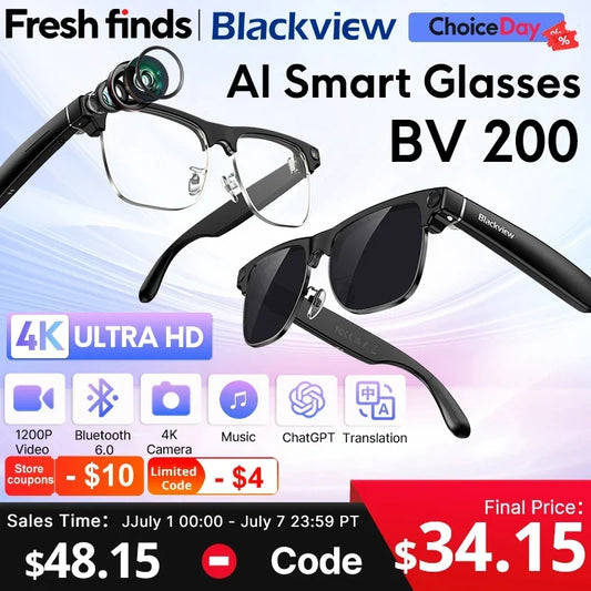 【World premiere】Blackview BV200 Shooting Smart glasses 8MP 4K HD camera Bluetooth Call Voice Assistant AI Translation Glasses