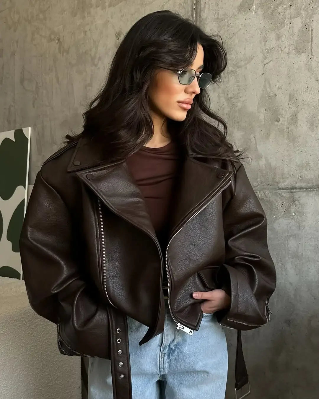 Casual Dark Red  Zipper Leather Short Jackets Women Long Sleeve Lace Up Lapel Loose Button Coat Lady Daily High Street Wear 2026