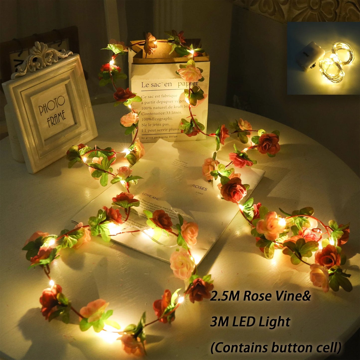 Rose LED Lights String Artificial Flowers Ivy Leaves Wedding Garland Home Room Decoration Arch Hanging Wall Garden Party Decor