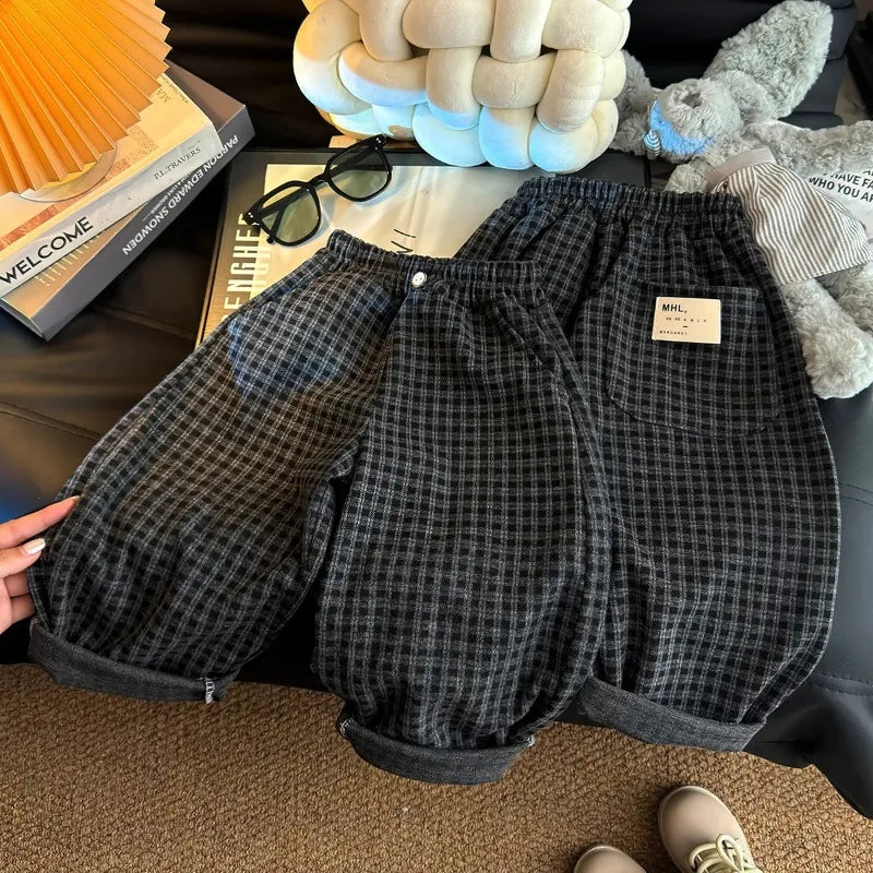 Spring Autumn Children Pants 1-6Years Boys Black Plaid Loose Casual Straight Trousers Korean Toddler Wear for Kids Clothes New